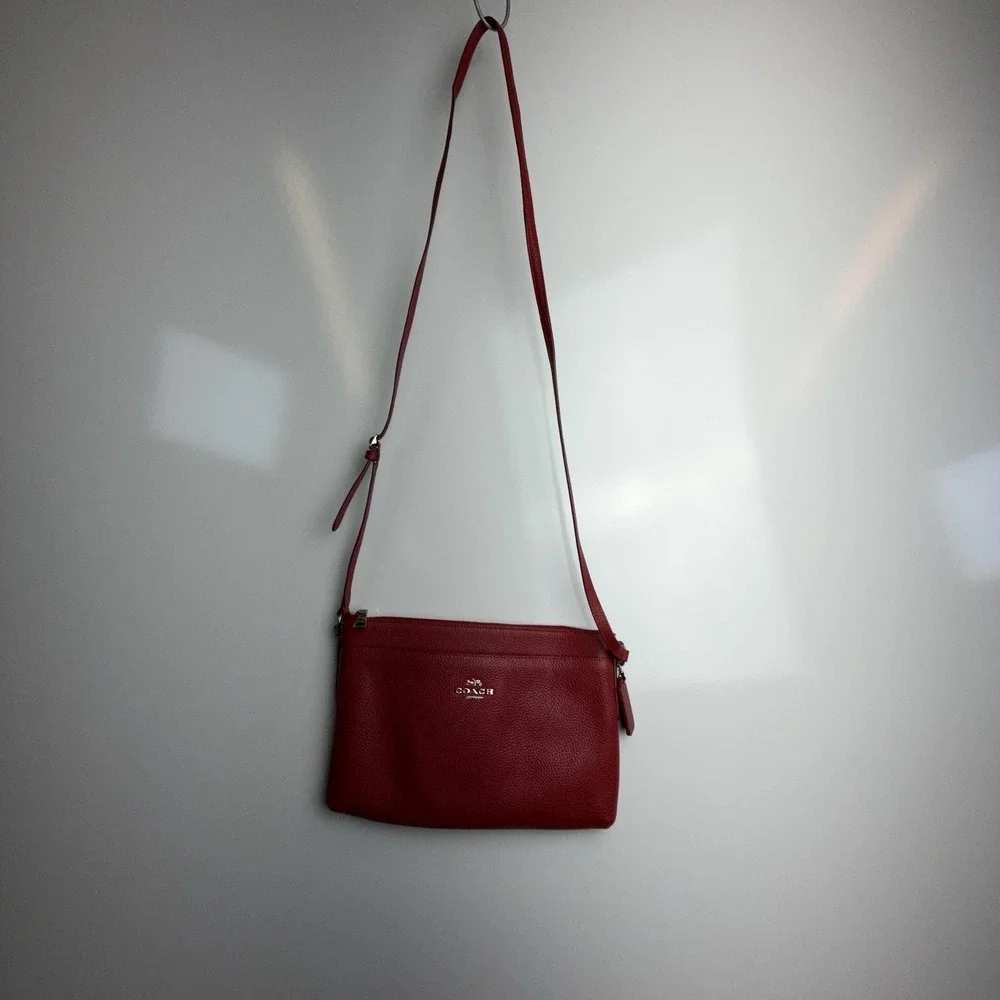 Coach Crossbody Bag Womens Small Red Pebbled Leather Zip Top Purse F54857